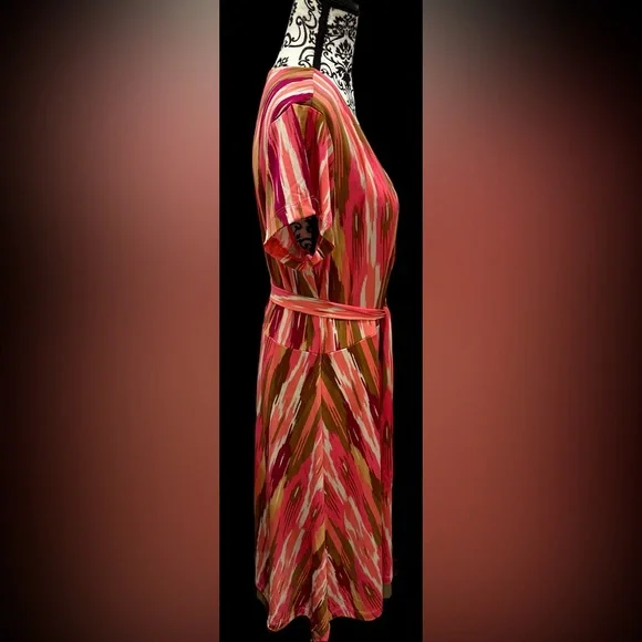 IMAN Global Chic Pink Multicolor Faux Wrap Dress Belt Short Sleeve - Picture 9 of 13